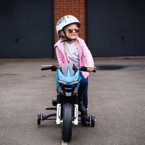 Motocicleta eléctrica para niños de 3 a 6 años, 25 W, 6 V, 3 km/h, efectos de luz y sonido, ruedines extraíbles, carga máxima 30 kg, azul.