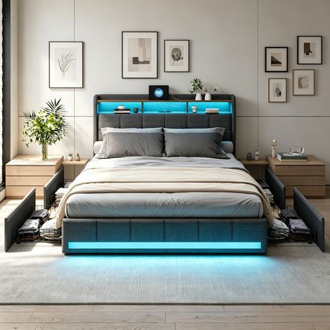 JOOKGBD-Polsterbett Doppelbett 180x200 cm,Jugendbet,Bett mit Bettkasten Lattenrost,4 Schubladen,Kopfteil mit LED und USB Ladefunktion,Multifunktionales Bett,Leinen,ohne Matratze,Grau
