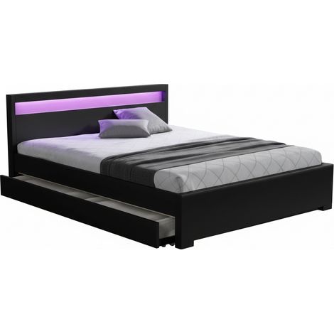 Lit 2 places 140x190 cm noir avec tiroirs LED sommier inclus (1/5)