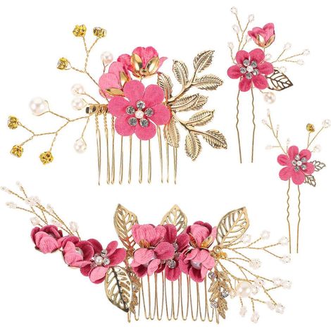 Ensemble de 4 peignes à cheveux faits main pour mariage, orné de fleurs et de strass, accessoire de coiffure pour robe de mariée (rose)-Rosy (1/3)