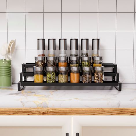 Étagère à épices extensible, étagère à épices en métal à 3 niveaux, boîte de rangement pour épices réglable (1/3)