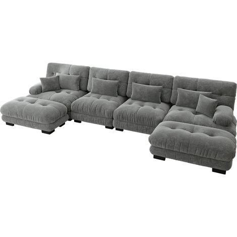 Divano Angolare Modulare 4 Posti con Pouf Mobile, Sedute Profonde in Chenille, Grigio (1/5)