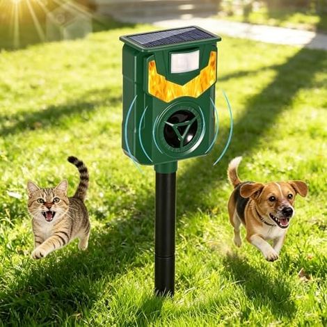 Répulsif solaire à ultrasons, répulsif pour animaux, chats, chiens, jardins, étanche IP44 avec lampe flamme souris, oiseaux, martres -