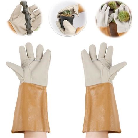 Braune und beige Gartenhandschuhe aus Leder gegen Dornen, Einheitsgröße, bequem.