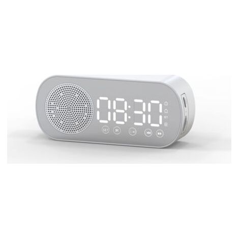 Réveil numérique sans fil à LED, haut-parleur compatible Bluetooth, Radio FM, grand écran, batterie, chambre à coucher, salon, bureau（Blanc）