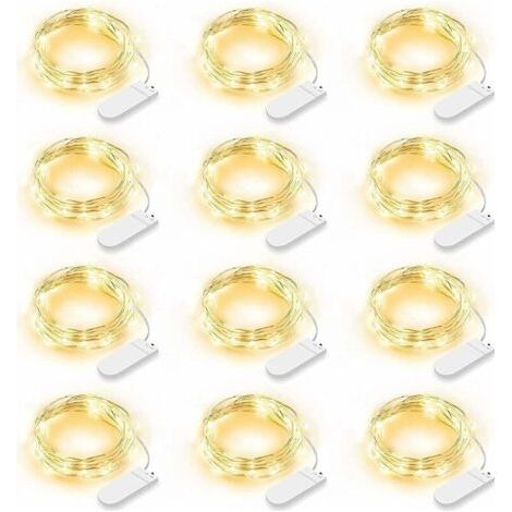 Lot de 12 Guirlande Lumineuse LED, Guirlande Lumineuse à Piles 2m 20 LEDs Fée Chaîne Lumières Guirlande IP65 Étanche LED Déco pour Chambre Noël Mariage Fête Jardin, Blanc Chaud (Blanc Chaud)