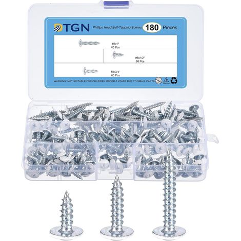 180Pcs 8×1/2" À 1" Vis Auto-Taraudeuses À Tête Phillips Kit, Acier Au Carbone Tête Plate Vis À Haute Résistance Auto-Taraudeuses Rapides Pour Bois, Métal, Plastique (1/5)