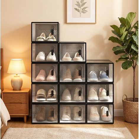 Schuhaufbewahrungsboxen 25/35,5/18,5 cm, 12er-Set transparent/schwarz, stapelbar (1/5)