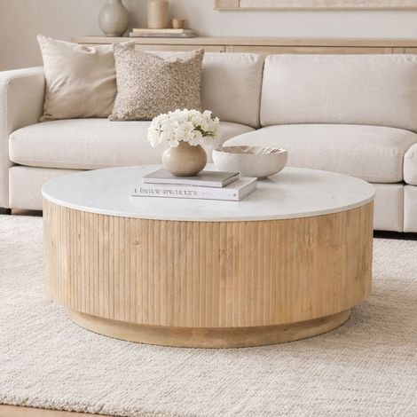 Table basse ronde 90x90x38cm en manguier blanchi et terrazzo blanc