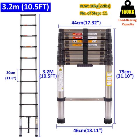 10.5 FT Telescoping Ladder Stainless Steel Telescopic Extension Multi-Purpose Folding Ladder Portable Heavy Duty Retractable Collapsible Ladders for Household Outdoor Working, 330lbs Capacity