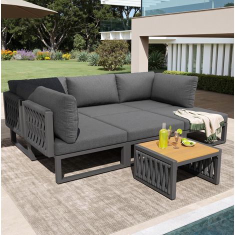 Tumbonas de jardín modulares de metal y poliéster gris para 6 plazas, respaldos ajustables en 5 posiciones con mesa (1/5)
