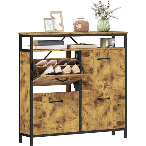 Rustic Brown Shoe Storage Cabinet with 4 Flip Drawers and Open Shelf for Organized Footwear Solutions