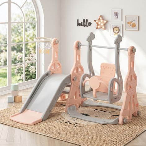 VASIEN – Toboggan pour Enfant 4 en 1 avec Panier de Basket, Enfant Balançoire Toboggans autoportant,Aire de Jeux intérieure et extérieure,kit de Jeu d'escalade autoportant,Rose (1/5)