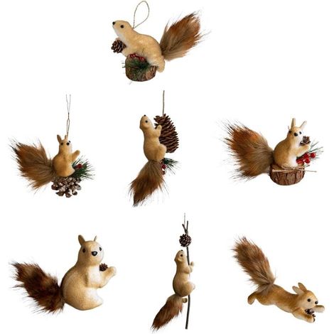 Lot De 7 Décorations De Noël En Forme D'animaux, Écureuils En Fourrure Mignons, Décorations Noël En Fausse Fourrure, Animal À Suspendre Pour Les Vacances, L'arbre, La Maison (1/5)