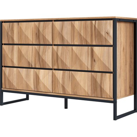 Buffet noir et bois naturel avec 6 tiroirs et pieds en métal, 120 x 40 x 80 cm (1/5)