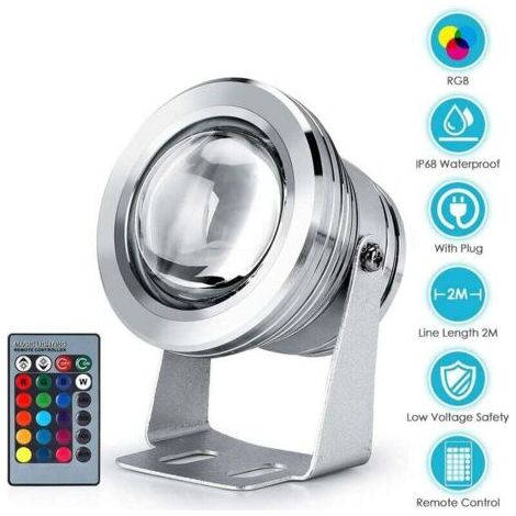 Luce subacquea a LED RGB, 10W  2 lenti convesse argentate (1/4)