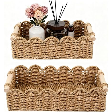 Ce panier décoratif en corde de papier aux bords ondulés convient aux salons, aux chambres et même aux salles de bains, alliant rangement et décoration. (1/5)