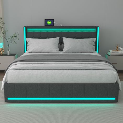 Letto con cassetti 180x200 cm – Letto matrimoniale per adulti con rete, LED RGB e porte USB/Type-C – Lino – Grigio scuro