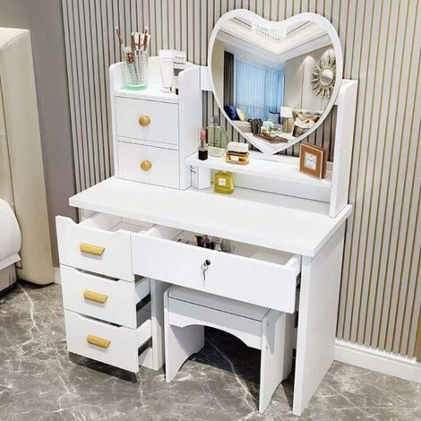 TrAdE Shop Traesio - Toeletta Postazione Con Tavolo Da Trucco Specchio A Forma Di Cuore Sgabello 6 Cassetti - Bianco (1/2)