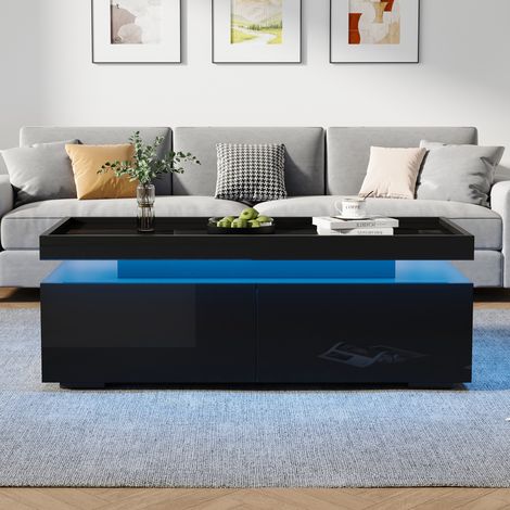 Couchtisch 95x45x35 cm Schwarz aus Spanplatte mit LED, 2 Schubladen und halboffener Ablage (1/5)