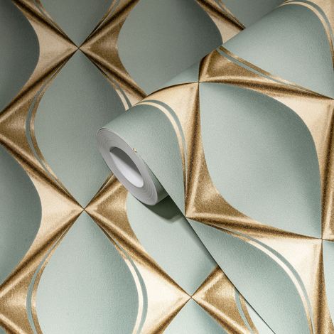 Papier peint effet 3D vert et doré Tapisserie graphique à losanges Papier peint luxe moderne idéal pour cuisine (1/5)