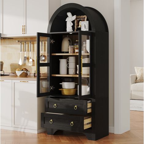 Highboard noir avec portes en verre transparent, 2 tiroirs, 2 étagères réglables et grand espace de rangement pour cuisine, salle à manger, salon  CHICFURN (1/5)