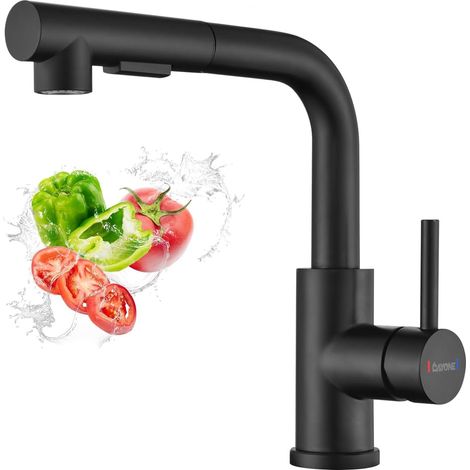 1 Robinet De Cuisine Noir Mat, Acier Inoxydable, Douchette Extractible, Rotation 360°, Pour Évier Simple Ou Double (1/5)