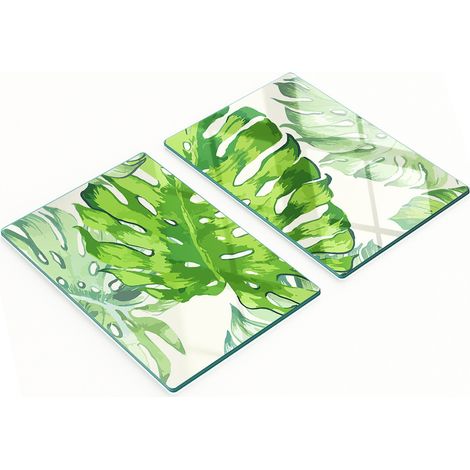 Elegantes y resistentes pizarras de vidrio con estampado de hojas tropicales, 2x40x52 cm.