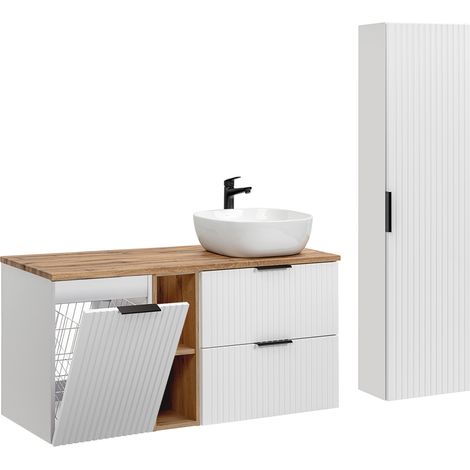 Conjunto mueble lavabo individual 120cm 2 compartimientos cesto de ropa y columna Adriel Blanco