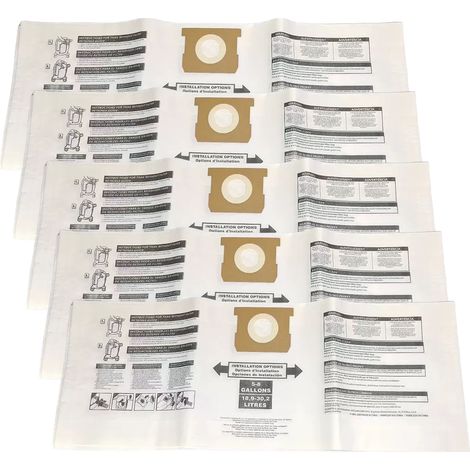 Lot de 5 sacs à poussière de rechange pour aspirateur HARTT SS, aspirateur eau et poussière en acier inoxydable de 5 à 8 gallons (19 à 30 litres), modèles VOC608S 3702 / VOC812SF 3701 / VOC608S 3703 (1/5)