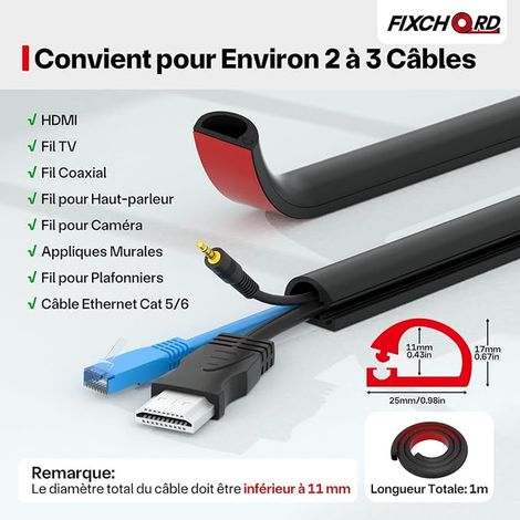 Self-adhesive cable duct for electrical cables, cable duct, TV and electric cable cover for home and office, 25 mm width x 17 mm height x 1 m lengths – black (1/4)
