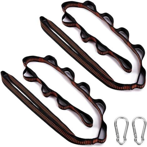 Lot de 2 sangles de suspension pour hamac, 300 kg, kit de suspension pour arbre, balançoire, corde avec 2 mousquetons à crochets pour camping, extérieur, randonnée (1/5)