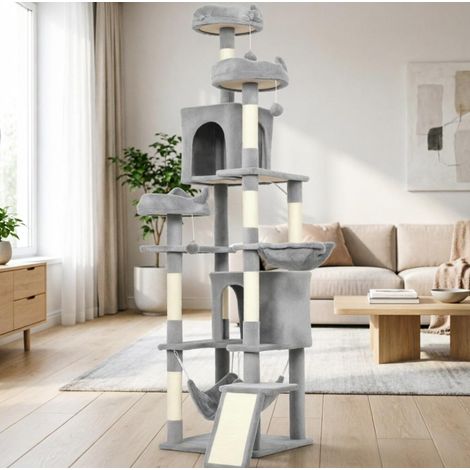 Árbol para gatos 48 x 48 x 192 cm gris de sisal, 8 rascadores, 2 hamacas - CHICFURN (1/5)