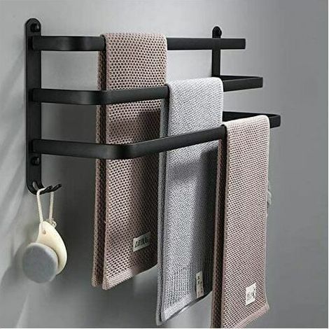 Bathroom towel rack: Black adhesive wall-mounted towel rack for shower and kitchen, waterproof and equipped with hooks (three 70cm bars) - INHHUB (1/4)