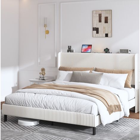 Letto piattaforma imbottito 180 x 200 cm in velluto a coste beige e crema, metallo OKWISH (1/5)
