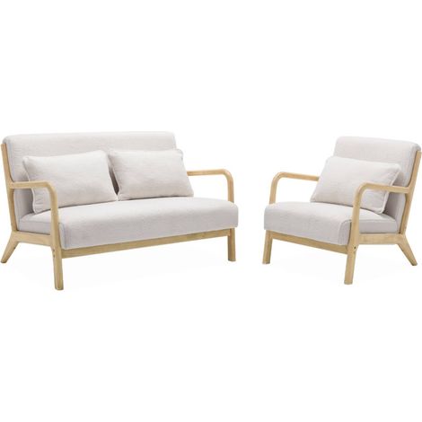 sweeek - 2-Sitzer-Sitzbank + Sessel aus Holz mit Bouclé-Bezug