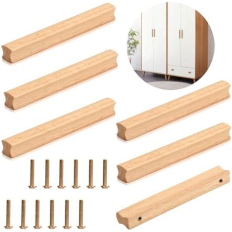 6 Pièces Poignee de Meuble en Bois, Poignée Bois avec Vis pour Armoire, Espacement des Trous 160 mm de Poignée de Meuble Placar (1/4)
