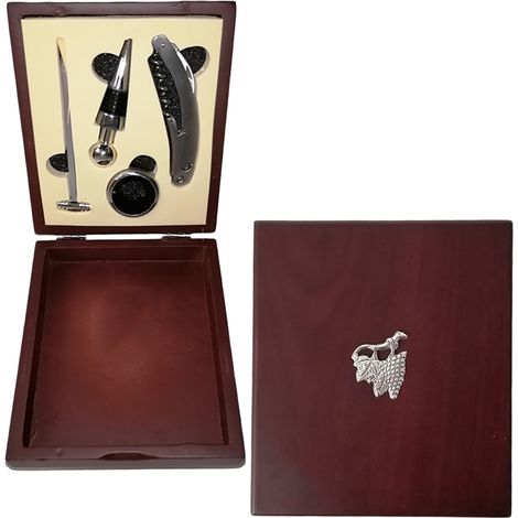 Set vino apribottiglie leva cavatappi 4accessori scatola regalo legno sommelier degustazione termometro taglia lamina anello (1/5)