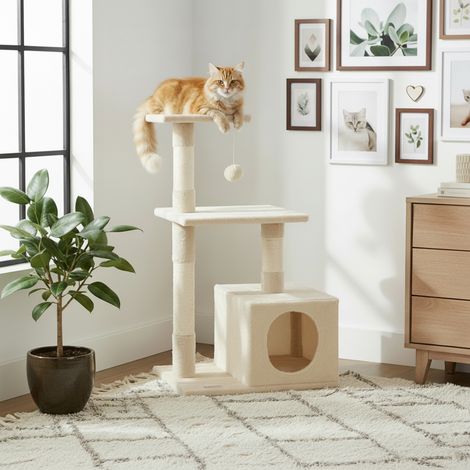 belviona Katzenkratzbaum 85 cm mit Wandhalterung, platzsparend mit Höhle, Sisal & Spielball, beige (1/5)