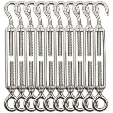 Tendeur Cable Crochet M5 (Crochet et oeil) . Tendeur Fil Acier / Tendeur Cable Inox en Acier Inoxydable 304 Pour Fil a linge . Cable Acier. Corde Acier -10 Pièces (1/5)