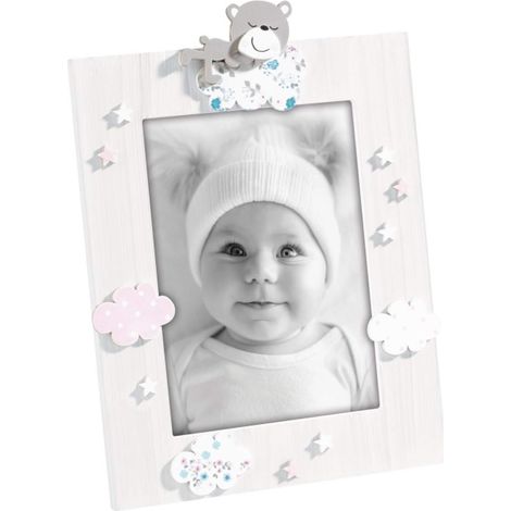 Cadre photo en bois avec décoration nounours et nuages. Finition blanche et rose – Taille photo 13 x 18 cm