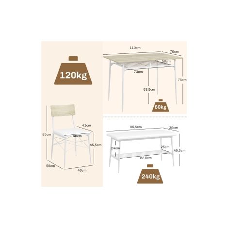 Ensemble repas 4 places aspect chêne avec table, 2 chaises, banc et rangement pour petite cuisine, salle à manger et salon (1/5)