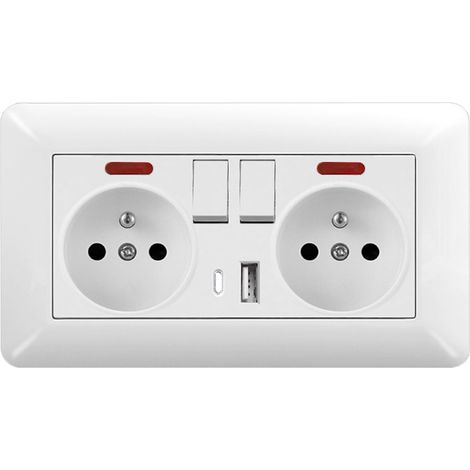 16A Double Wall Socket with Switch, LED, 1 USB + 1 Type-C – Flush Mount 240V Outlet