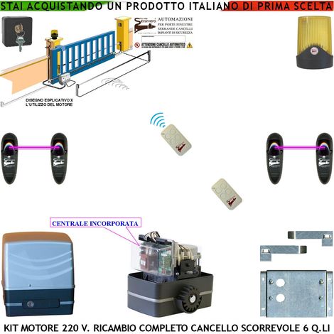Kit Motore 230 V e Centrale Ricambio Cancello Scorrevole Traina 6 Q.li 2 Radiocomandi Faro Selettore 2 Coppie Fotocellule Pignone Acciaio M4 Z12 Fine Corsa Elettromeccanico Compatibile Altre Marche CE (1/4)
