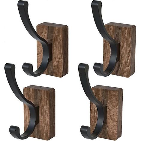 Filiyano-Lot de 4 crochets muraux en bois de noyer noir, autocollants et à fixer au mur, style rustique et décoratif, pour couloir, style moderne du (1/4)