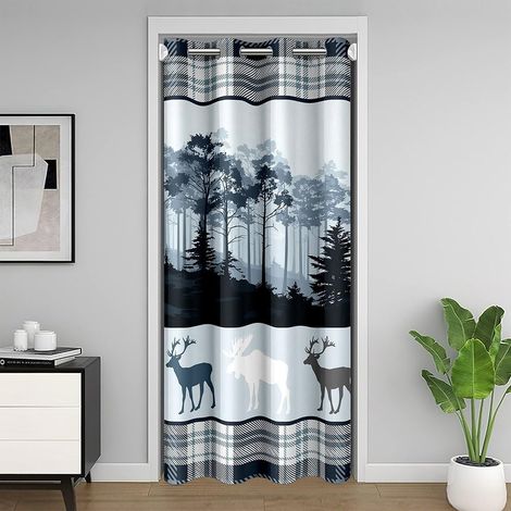 Rideau de Porte Cerf Rideau Occultant 86x203 Bois Rideaux Porte pour Les Enfants Adolescents Adultes À Pâtes Treillis Nature Bleu Blanc Rideaux de Placard - 86L X 203H cm (1 Panneaux) (1/5)