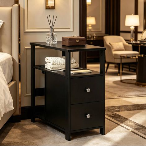 Tavolino laterale in legno nero 60 cm con presa integrata, 2 cassetti e ripiani (1/5)