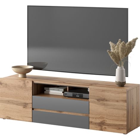 Selsey BROS - Mobile TV / Tavolino TV Per Salotto / Porta TV con Scomparti / Luci LED (Quercia Dorata / Grigio Lucido) (1/5)