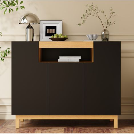 Aparador de almacenaje 3 puertas con hueco abierto, 120,5 x 42 x 96 cm, negro y madera (1/5)