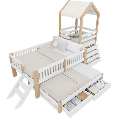 Lit cabane enfant 90x200 avec lit gigogne, rangements et escalier latéral, en bois, blanc et bois clair, CHICFURN (1/5)